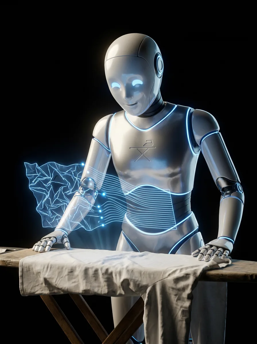 A Szuperszónikus robot egy hologram-Ránctérképet vizsgál a vasalódeszka fölött: a gyűrött vonalak sima, rendezett vonalakká simulnak